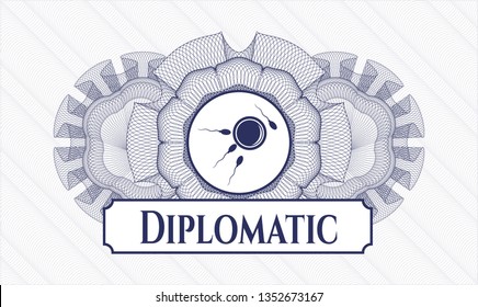 Blue money style emblem or rosette with fertilization icon and Diplomatic text inside