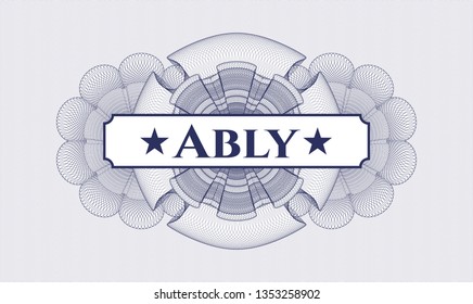 Blue money style emblem or rosette with text Ably inside