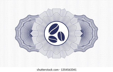 Blue money style emblem or rosette with coffee bean icon inside