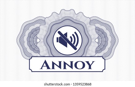 Blue money style emblem or rosette with mute icon and Annoy text inside