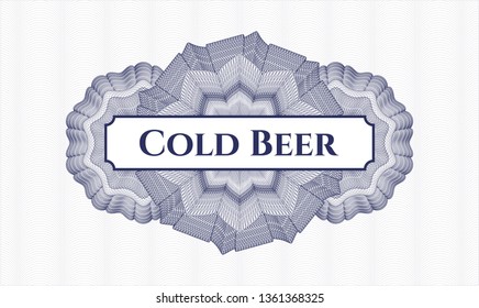 Blue money style emblem or rosette with text Cold Beer inside