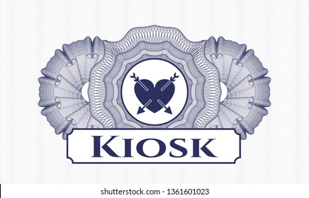 Blue money style emblem or rosette with heart with two arrows icon and Kiosk text inside