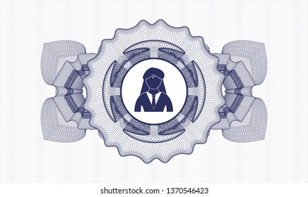 Blue money style emblem or rosette with businesswoman icon inside