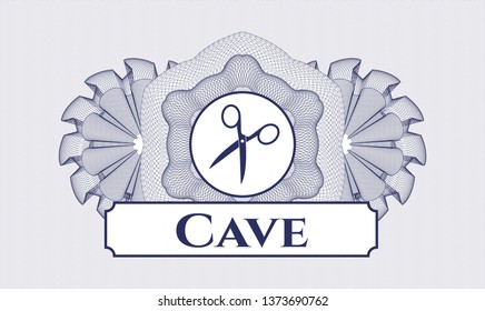 Blue money style emblem or rosette with scissors icon and Cave text inside