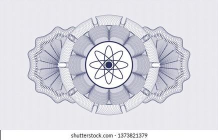 Blue money style emblem or rosette with atom icon inside