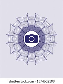 Blue money style emblem or rosette with photo camera icon inside