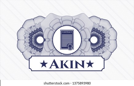 Blue money style emblem or rosette with contract icon and Akin text inside