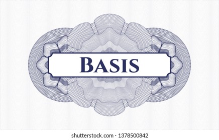 Blue money style emblem or rosette with text Basis inside