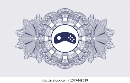 Blue money style emblem or rosette with video game icon inside