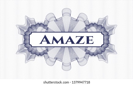 Blue money style emblem or rosette with text Amaze inside