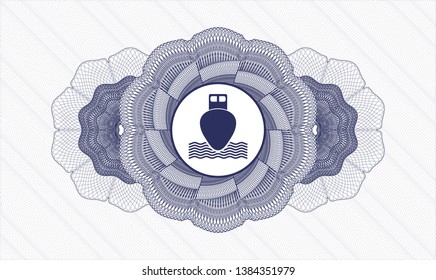 Blue money style emblem or rosette with ship icon inside