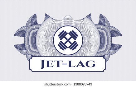 Blue money style emblem or rosette with dumbbell icon and Jet-lag text inside