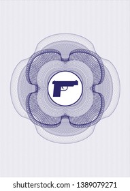 Blue money style emblem or rosette with pistol icon inside