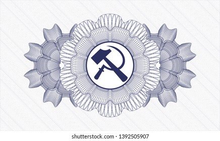 Blue money style emblem or rosette with sickle and hammer icon inside