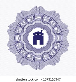 Blue money style emblem or rosette with house icon inside