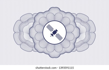 Blue money style emblem or rosette with satelite icon inside