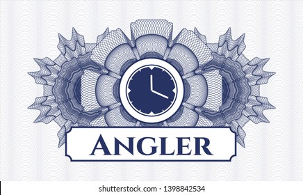 Blue money style emblem or rosette with clock, time icon and Angler text inside