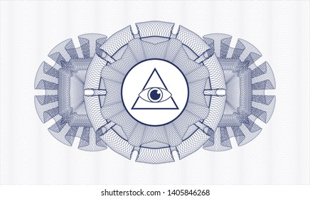 Blue money style emblem or rosette with illuminati pyramid icon inside