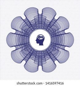 Blue money style emblem or rosette with head with gears inside icon inside