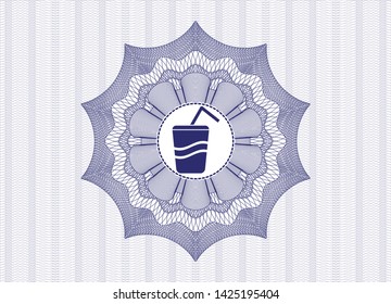 Blue money style emblem or rosette with soda icon inside