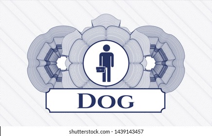 Blue money style emblem or rosette with businessman holding briefcase icon and Dog text inside