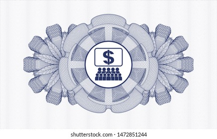Blue money style emblem or rosette with business congress icon inside