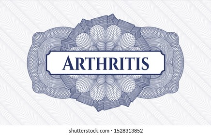 Blue money style emblem or rosette with text Arthritis inside