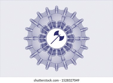 Blue money style emblem or rosette with medieval axe icon inside