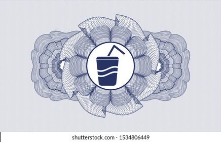 Blue money style emblem or rosette with soda icon inside