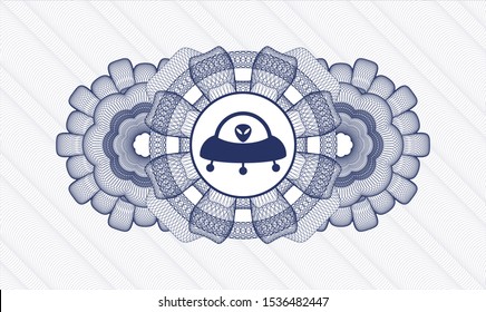 Blue money style emblem or rosette with ufo with aline inside icon inside