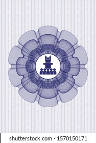 Blue money style emblem or rosette with motivational speech icon inside