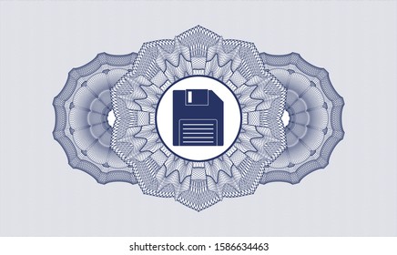 Blue money style emblem or rosette with diskette icon inside