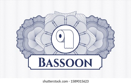 Blue money style emblem or rosette with toilet paper icon and Bassoon text inside