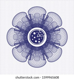 Blue money style emblem or rosette with pizza icon inside