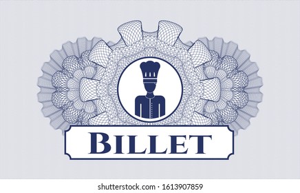 Blue money style emblem or rosette with chef icon and Billet text inside