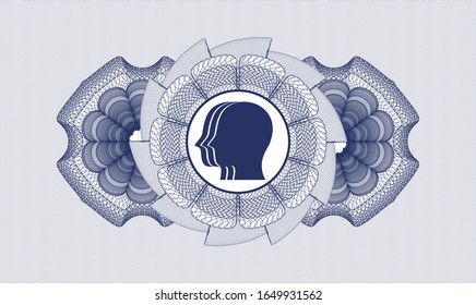 Blue money style emblem or rosette with team work icon inside