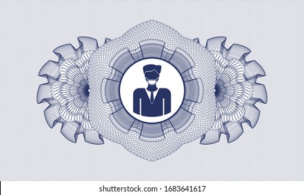 Blue money style emblem or rosette with man wearing face mask icon inside