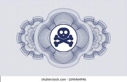 Blue money style emblem or rosette with crossbones icon inside