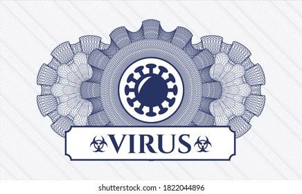 Blue money style emblem or rosette. Vector Illustration. Detailed with coronavirus icon and Virus text inside