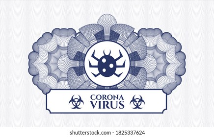 Blue money style emblem or rosette. Vector Illustration. Detailed with bug icon and Coronavirus text inside