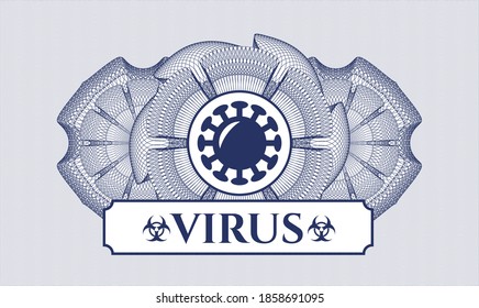 Blue money style emblem or rosette. Vector Illustration. Detailed with coronavirus icon and Virus text inside