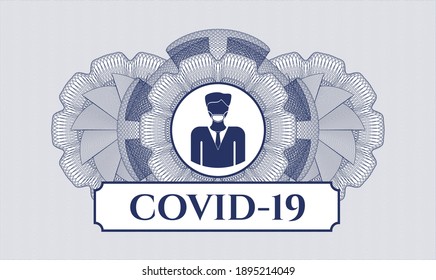 Blue money style emblem or rosette. Vector Illustration. Detailed with man wearing face mask icon and COVID-19 text inside