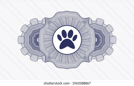 Blue money style emblem or rosette. Vector Illustration. Detailed with paw icon inside