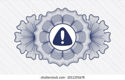Blue money style emblem or rosette. Vector Illustration. Detailed with warning icon inside
