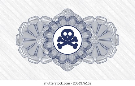 Blue money style emblem or rosette. Vector Illustration. Detailed with crossbones icon inside