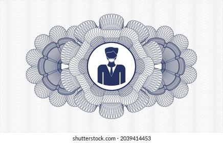 Blue money style emblem or rosette. Vector Illustration. Detailed with man wearing face mask icon inside