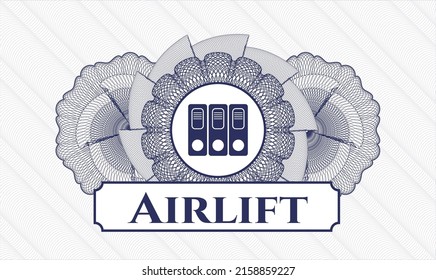 Blue money style emblem or rosette. Vector Illustration. Detailed with three folders icon and Airlift text inside