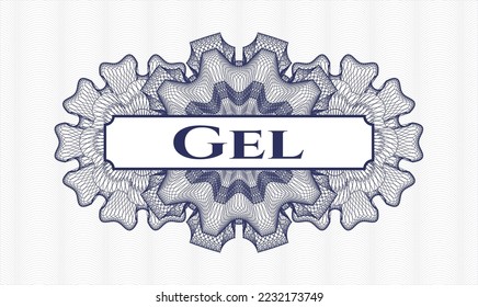 Blue money style emblem or rosette. Vector Illustration. Detailed with text Gel inside