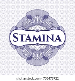 Blue money style emblem or rosette with text Stamina inside