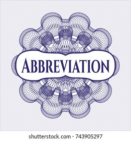 Blue money style emblem or rosette with text Abbreviation inside